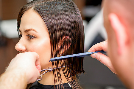 发型师剪下年轻caucasian女人的湿头发 用梳子梳理在一个发廊里黑发治疗理发店沙龙工具顾客梳妆台理发剪刀造型师图片