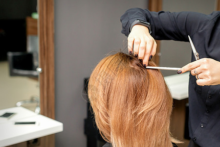 理发师准备一个年轻女子的长发 在美容院做手术沙龙造型发型师发型女性理发梳子女士化妆品红发图片