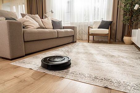 在新客厅用浅米色和灰色在地毯上工作的真空更清洁机器人图片