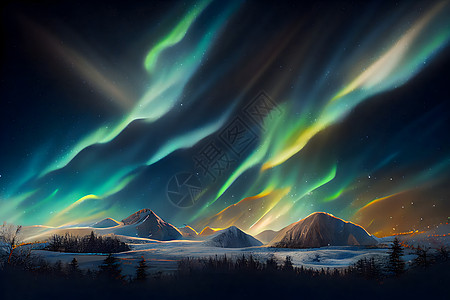 夜色陆地景观 天空有极光向北照亮的天空 神经网络产生了艺术墙纸粒子北极光科学辉光想像力太阳风松树绘画风景图片