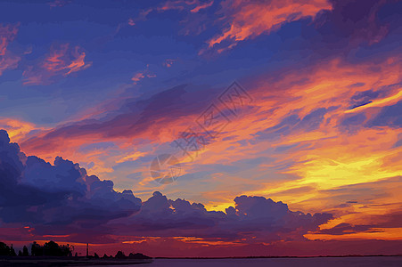 日落时美丽的橙色天空和云彩的插图 橙色的夕阳 金色的天空蓝色太阳橙子场景阳光图片