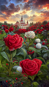 七彩天空下的红白玫瑰 以城堡和日落为背景的玫瑰植物植物群绿色植物学花瓣白玫瑰红玫瑰红色花园背景图片