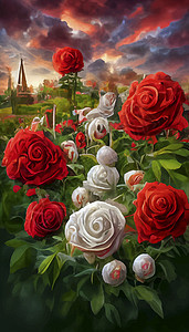 七彩天空下的红白玫瑰 以城堡和日落为背景的玫瑰花园植物学红色绿色花瓣植物群红玫瑰植物白玫瑰图片