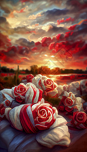 七彩天空下的红白玫瑰 以城堡和日落为背景的玫瑰植物红色红玫瑰白玫瑰花瓣植物学花园绿色植物群背景图片