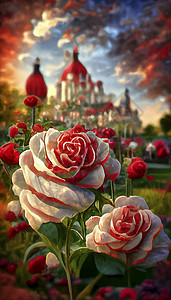 七彩天空下的红白玫瑰 以城堡和日落为背景的玫瑰花瓣红玫瑰白玫瑰绿色植物学植物群红色花园植物图片