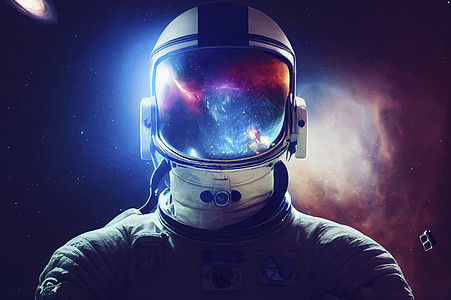 太空中的宇航员和头盔星星的反射 银河紫色 蓝色 星云和太空中的星系插图轨道套装星际天文学重力技术星座小说飞船图片
