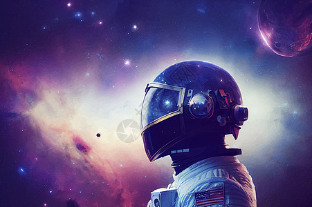 太空中的宇航员和头盔星星的反射 银河紫色 蓝色 星云和太空中的星系飞行员飞船宇宙月亮地球宇航服插图墙纸重力科学图片