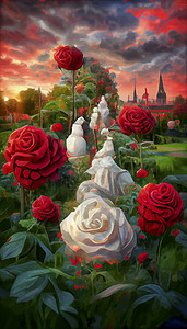 七彩天空下的红白玫瑰 以城堡和日落为背景的玫瑰绿色植物红玫瑰植物群白玫瑰花瓣植物学红色花园背景图片
