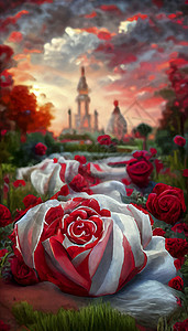 七彩天空下的红白玫瑰 以城堡和日落为背景的玫瑰绿色植物植物学植物群红色白玫瑰花瓣花园红玫瑰背景图片