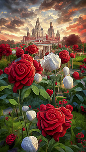 七彩天空下的红白玫瑰 以城堡和日落为背景的玫瑰植物学植物花瓣红色花园红玫瑰白玫瑰植物群绿色背景图片