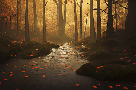 夜晚有阳光的魔法秋天森林 金色阳光 日落时橘子树叶 秋天是仙林草地金子旅行橙子黄色棕色季节场景风景爬坡图片