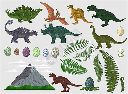 以恐龙为主题的大型布景 恐龙 鸡蛋 蕨类植物 棕榈叶 火山的剪贴画 复古风格的彩色插图图片