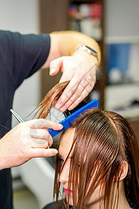 理发师剪了一个黑发女人的头发 发型师正在一家专业美发沙龙为女性客户剪头发 特写职业尖端照片梳子剪刀发型工具造型师工作工作室图片