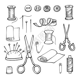 手画缝纫工具 线 针 针 剪刀 按钮刺绣创造力草图涂鸦标识插图绘画纺织品工艺针线活图片