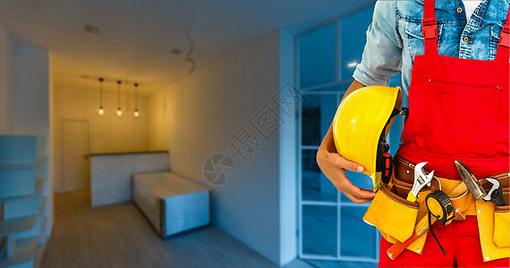 带工具带的工人房间企业家房子改造木匠员工建设者住宅服务管道图片