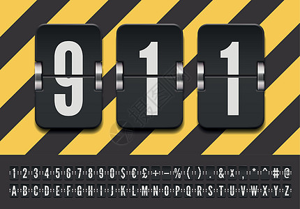 用于紧急号码矢量图的黑色终端机械记分牌字体 用于显示航班起飞或到达信息的机场翻转板字母表图片