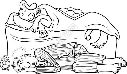 睡在床上的卡通狗和地板彩色页面上他的主人图片