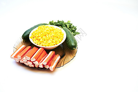 一份美味健康沙拉的套餐 黄瓜 玉米 螃蟹棒和绿菜美食赞成食材生态营养静物店铺素食杂货店餐饮图片