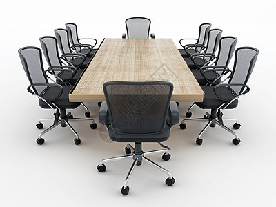 白背景上孤立的桌椅和桌椅 3D 插图金融公司桌子房间椅子团队商业办公室扶手椅团体图片