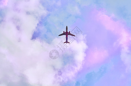 红客机 蓝天 有粉色云彩飞行器交通观光高度运输目的地假期翅膀空气地球图片