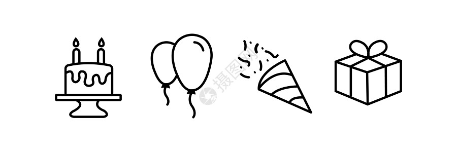 可编辑的黑色笔划线图标集 包括一个生日派对套件 上面有一个带蜡烛的装饰蛋糕 两个气球 一个五彩纸屑波普尔和一个包装好的礼物 在 图片