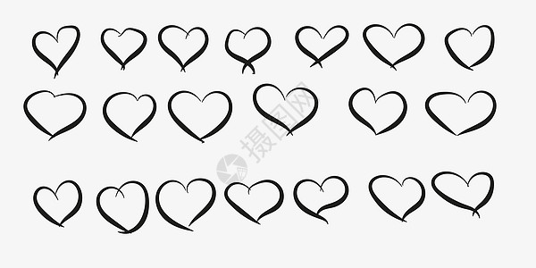 一组九手抽取的心脏 在白色背景中孤立的手绘粗标记红心 您的图形设计矢量插图涂鸦刷子铅笔气泡中风绘画墨水草图黑色图片