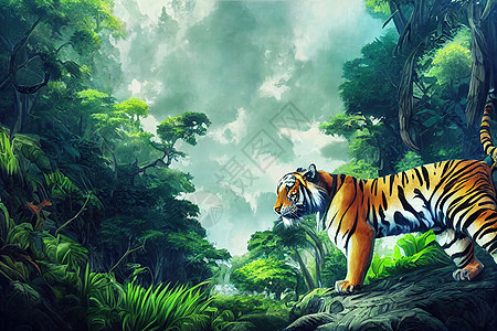 丛林与老虎观赏艺术 动漫风格图片