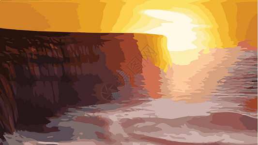 全景海洋日落或日出 海边有岩石 水和天平的矢量说明 太阳反射地平线阳光海滩异国插图绘画晴天棕榈卡通片橙子图片