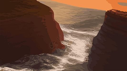 有石头的日落海洋伸出水面的大岩石海滨 海浪下平静的自然景观全景太阳天空横幅海滩地平线环境橙子绘画卡通片图片