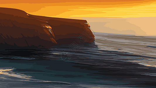 有石头的日落海洋伸出水面的大岩石海滨 海浪下平静的自然景观海滩山脉绘画旅游天空墙纸岩石风景金子插图图片