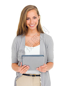 探索在线世界 一个有吸引力的年轻女子用白色孤立的数字平板电脑画出一幅肖像图片