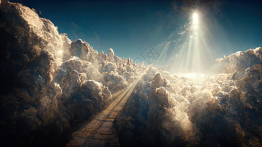 以灵魂转世为主题的插图 在云中漫漫天堂之路和技术墙纸天空网格辉光山脉金属魔法图片