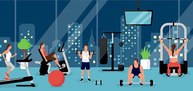 在健身房工作的人 水平矢量横幅图示晚上跑步机行动卡通片肌肉运动场景活动保健卫生护理图片
