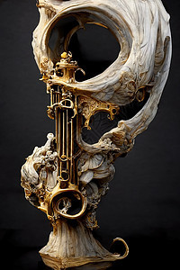 巴洛克喇叭雕塑图片 复杂细节 3D造机器人喉舌黄铜乐队歌曲乐器3d音乐家金属管道图片