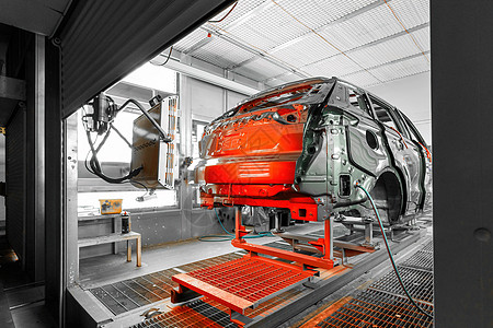 汽车AR汽车生产线 Ar油漆 现代汽车装配厂 红色汽车技术产品喷漆自动化绘画机器人工厂工业机械制造业背景