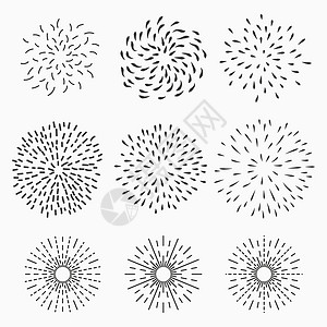 矢量大面太阳 白色背景所隔离的一组手画黑图标插图边界日落潮人横梁波峰徽章星星繁荣装饰图片