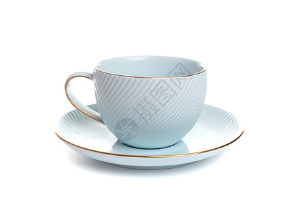 蓝色茶杯 用白色孤立背景的碟子泡茶图片