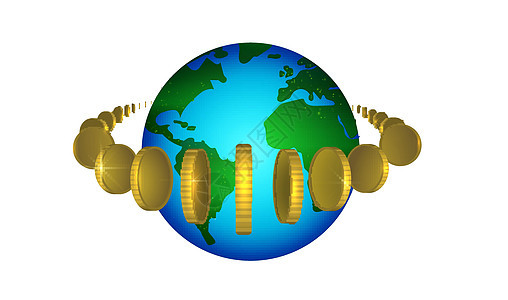 环绕着硬币的地球被孤立 铁链 全球货币和世界性支付的概念图片