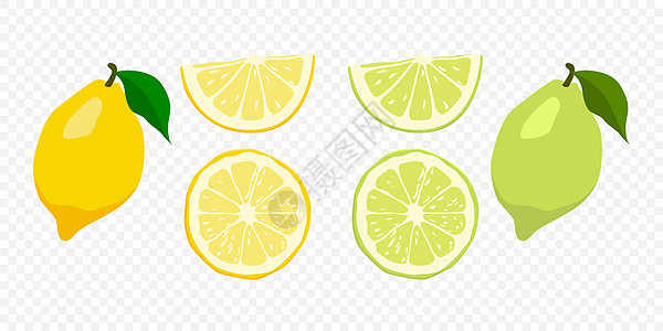 矢量柑橘水果图标集     黄柠檬和绿石灰 在白背景上分离的整片和切片设计元素图片