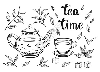 在白色背景隔绝的茶具 叶子 茶壶和杯子 大纲样式中的手绘矢量插图图片