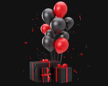红色和黑色的气球和孤立在黑色背景上的礼物 黑色星期五 生日 庆祝活动 活动卡元素 剪下 现代设计 3d 渲染图片