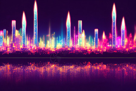 动漫天空动漫风格 夜城景观与火焰塔 长曝光灯 夜城灯光 喷泉中五颜六色的水反射背景