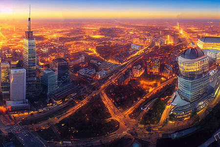 动漫风格 7222022 波兰华沙 波兰首都城市全景鸟瞰图 前景是摩天大楼 背景是文化科学宫 高品质 U1 1图片