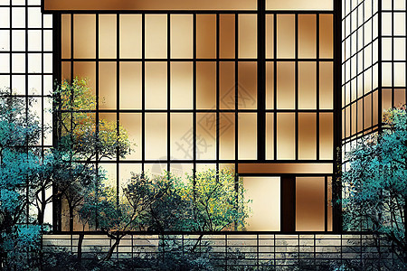 Anime风格 一栋住宅楼的外墙面有玻璃表面和花园 内部通道有树木 Anime风格U1图片