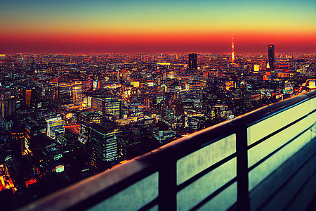 动漫风格 日本东京城市景观办公楼和东京市中心的空中摩天大楼景观与日落太阳升起背景东京是大都市和新世界现代商业中心 U1 1图片