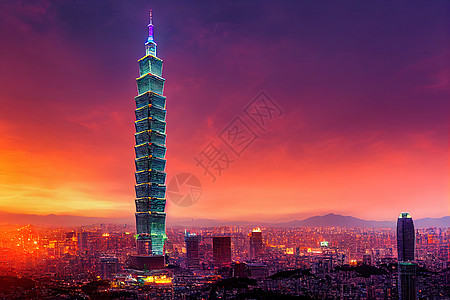 动漫风格 台北台湾台北的日落小时天空是台湾的首都台北定居台北 101 是标志性摩天大楼 世界第二高楼 4 月 14 日 20 U图片