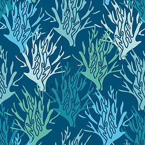 蓝底蓝绿色珊瑚无缝图案(蓝色背景)图片