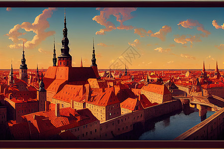 为游客提供许多休息机会 拥有独特的中世纪建筑和教堂以及令人难忘的哥特弧1U1 一 图画Riga老城(拉脱维亚首都里加)的漫画全景图片