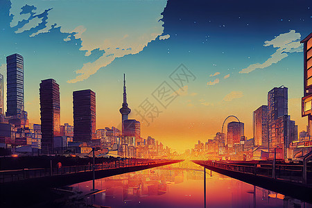 东京风景绘制东京市住宅区与夜空的卡通画 动漫 风格U1 1背景