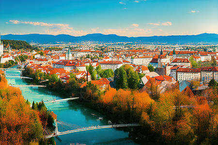 Ljubljana美丽的欧洲城市 具有城堡和三桥全景观的斯洛文尼亚首都Ljubljana美丽城市U1图片